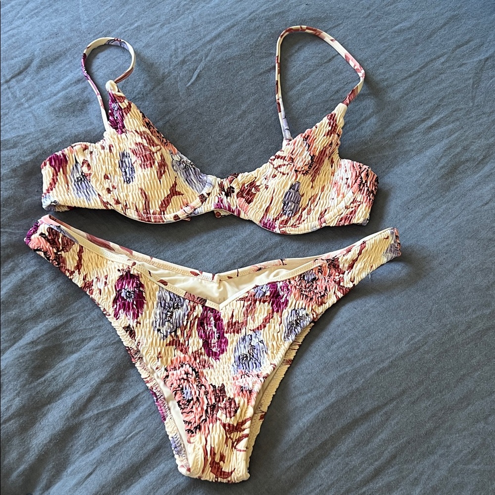 Tori Praver Cream and Purple Floral Bikini